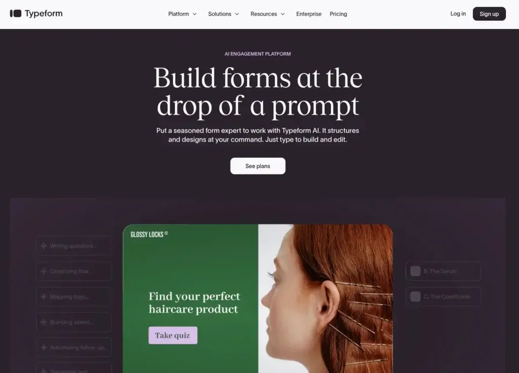Typeform homepage showing AI-powered form creation and interactive design