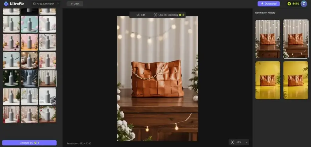 UltraPic AI background generator showing product images with different scene styles