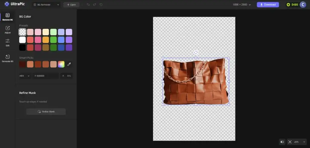 UltraPic background remover showing transparent image and background color options
