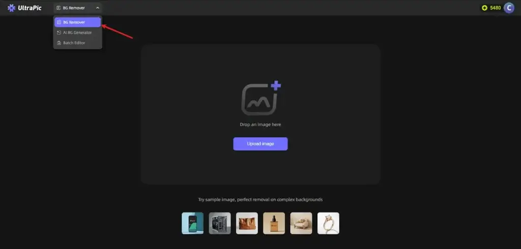 UltraPic background remover interface with image upload option