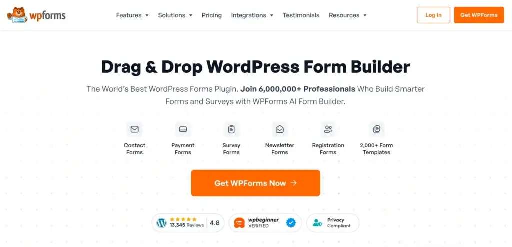 WPForms homepage showing drag and drop form builder for WordPress