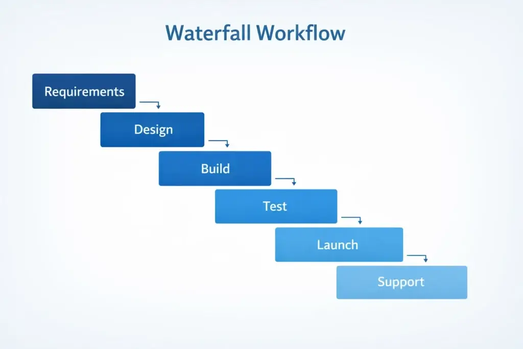 Waterfall methodology diagram with sequential project phases