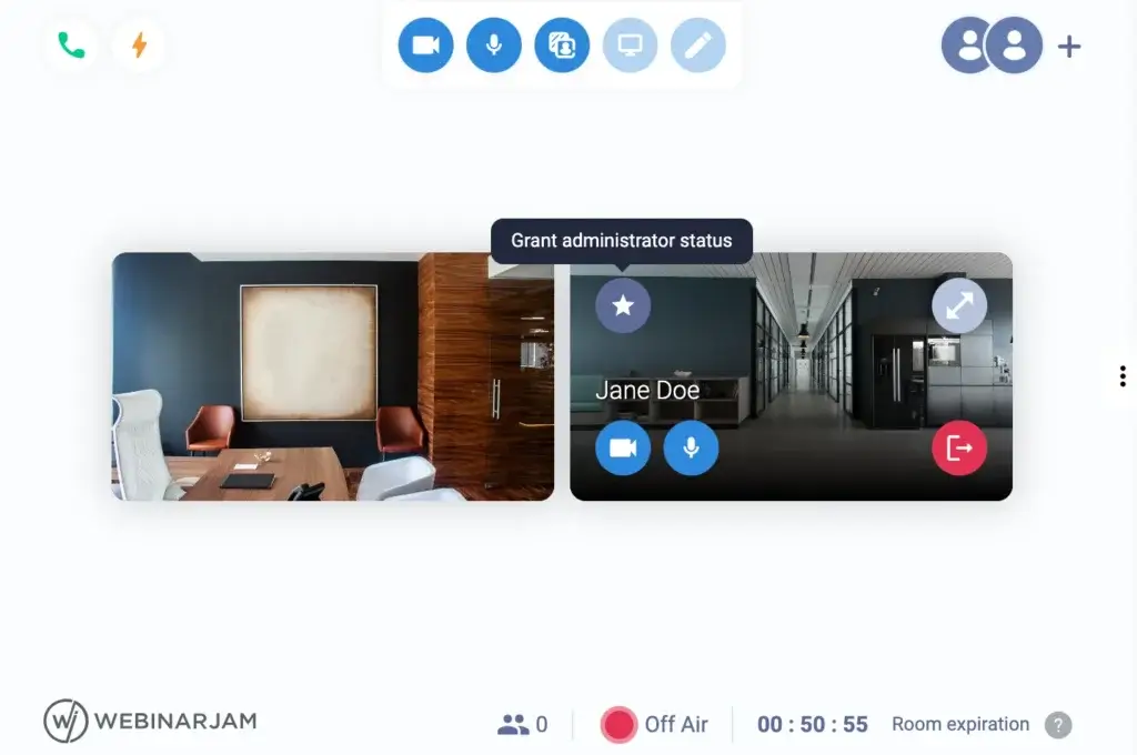 WebinarJam presenter view with moderator controls and administrator permissions during a live webinar