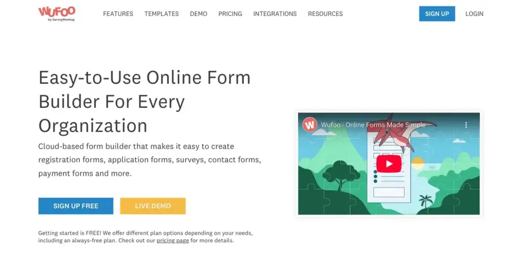 Wufoo form builder homepage showing templates and signup options