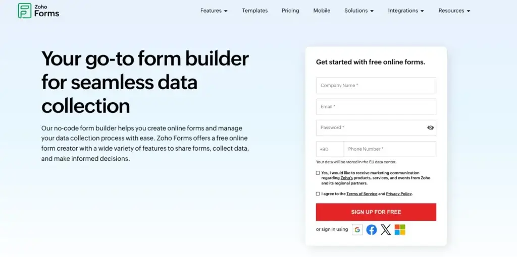 Zoho Forms homepage showing online form builder and signup form