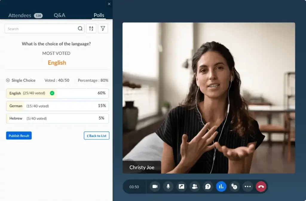 Zoho Webinar polls feature showing live audience voting during a webinar session