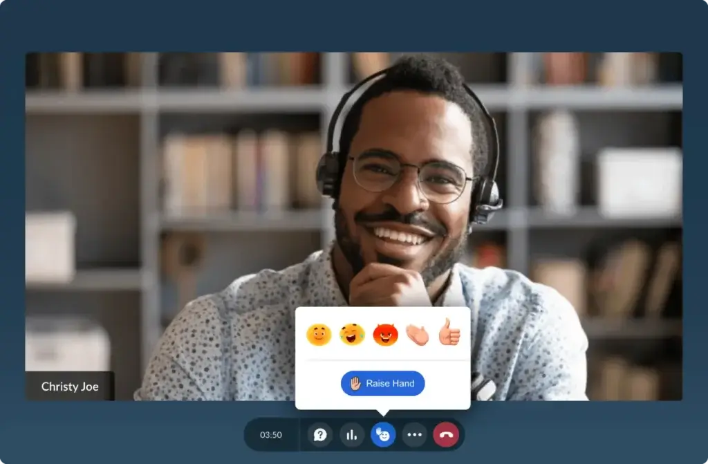 Zoho Webinar attendee reactions and raise hand tools during a live webinar