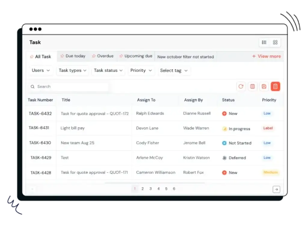 CRMOne task management view with filters, assignees, and priorities