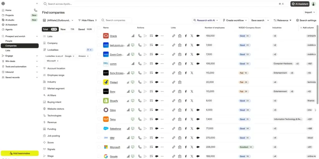 Apollo company search dashboard showing company records, account filters, employee data, scores, industries, and prospecting actions for B2B sales teams.