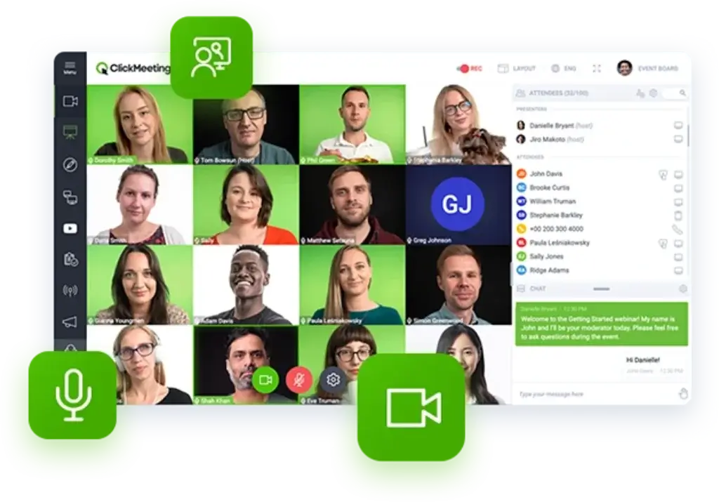 ClickMeeting webinar room with live video attendees and chat panel