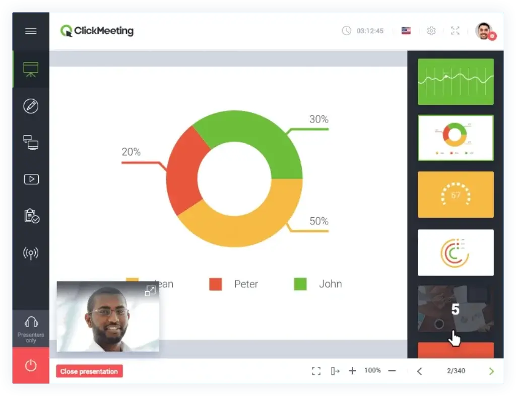 ClickMeeting presentation mode with slides, presenter video, and webinar controls
