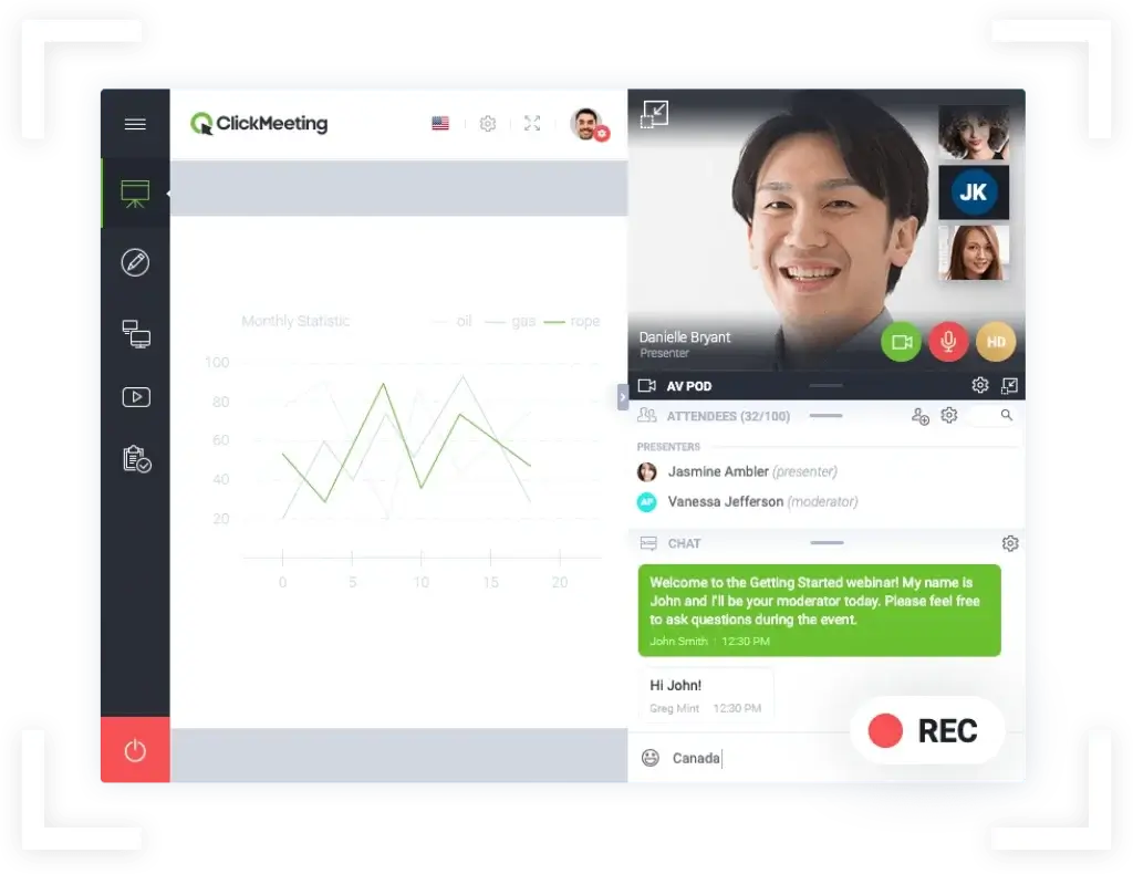 ClickMeeting webinar interface with recording, presenter video, attendee list, and live chat