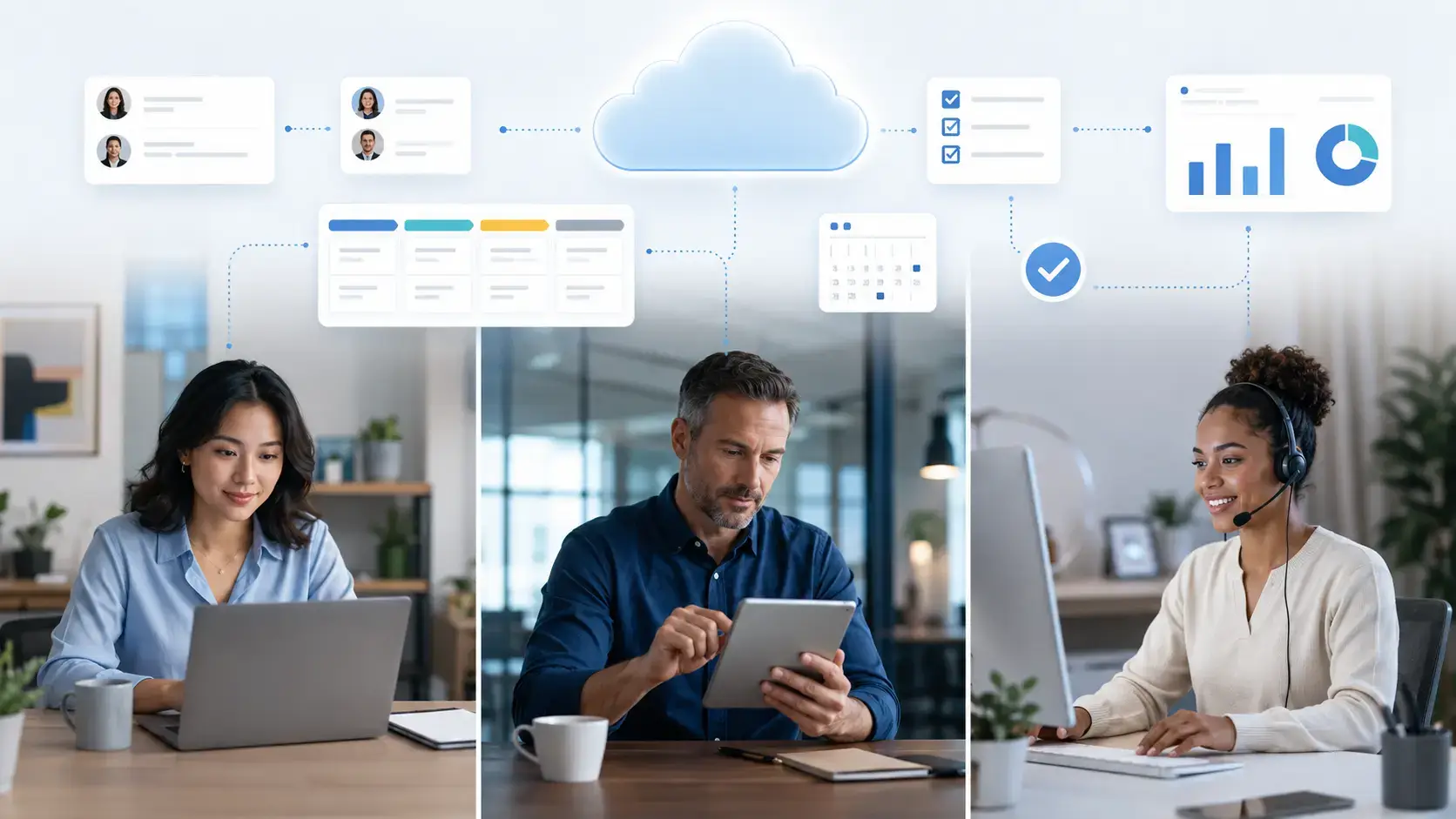 Remote team accessing shared customer data in a cloud CRM