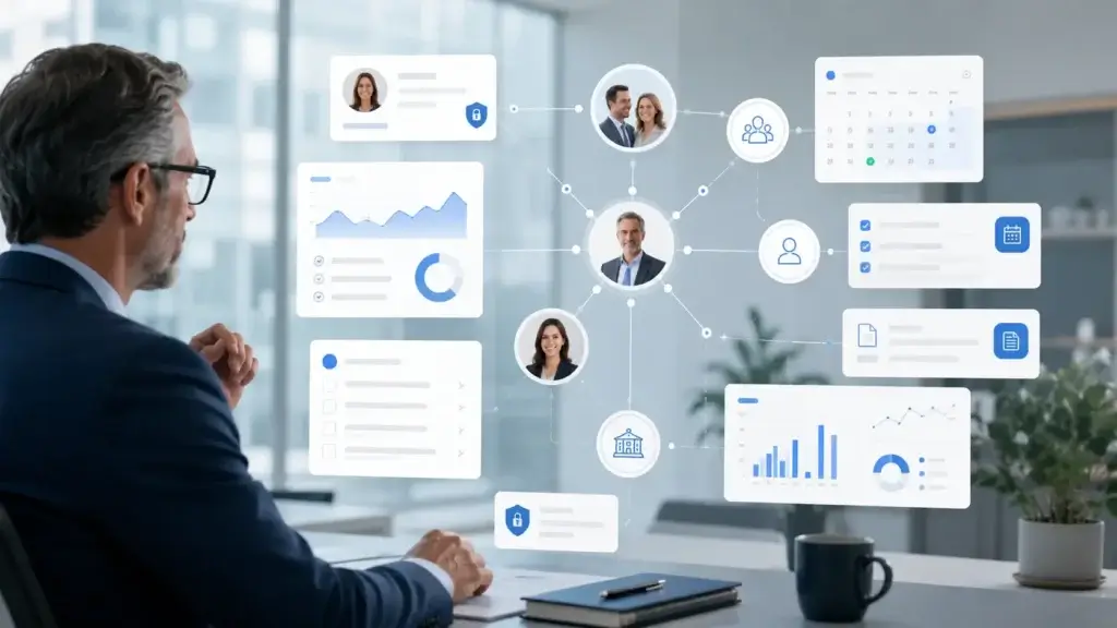 Financial advisor CRM network connecting clients, households, referrals, and tasks