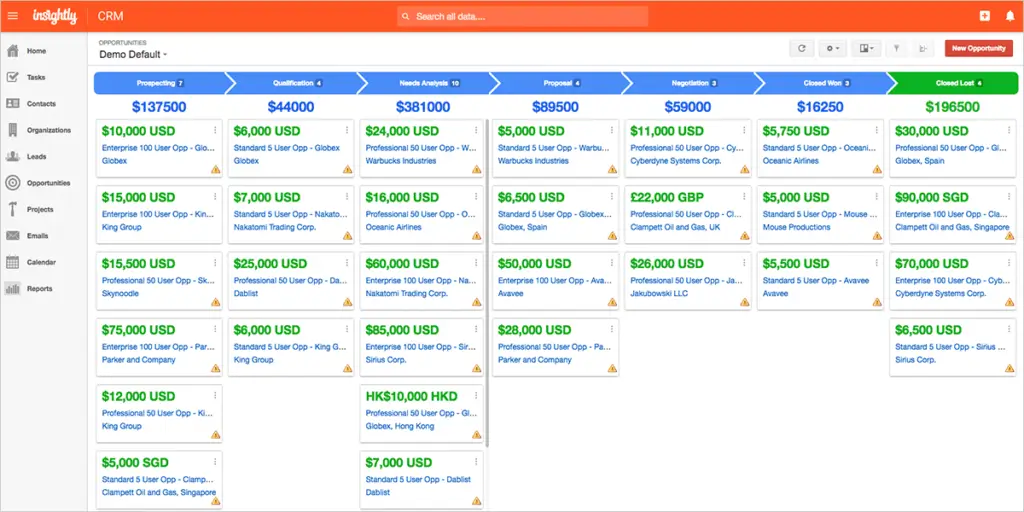 Insightly Kanban pipeline with deals by sales stage