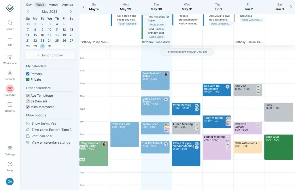 Less Annoying CRM lead report showing prospects, contact details, and status updates