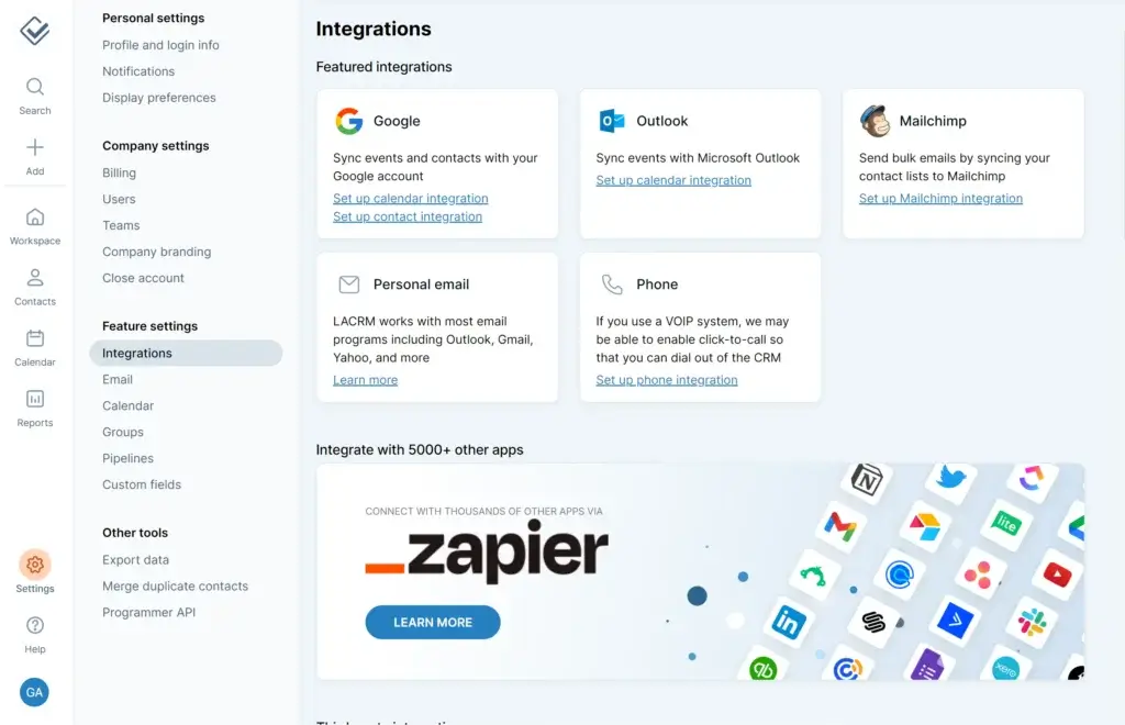 Less Annoying CRM integrations page with Google, Outlook, Mailchimp, email, phone, and Zapier