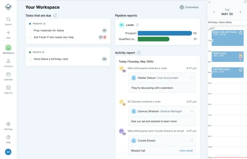 Less Annoying CRM workspace showing tasks, pipeline reports, activity, and calendar events