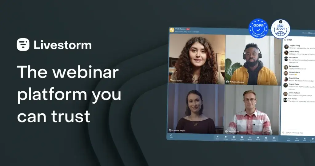 Livestorm webinar platform homepage highlighting secure browser-based online events