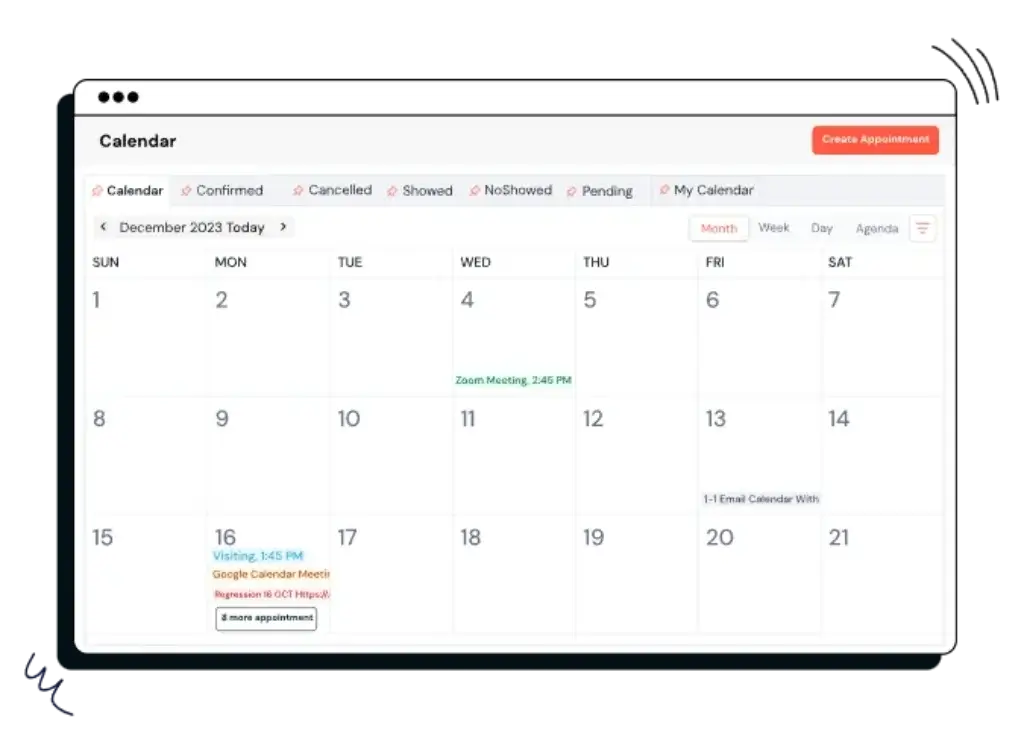 CRMOne calendar view showing appointments and scheduled meetings