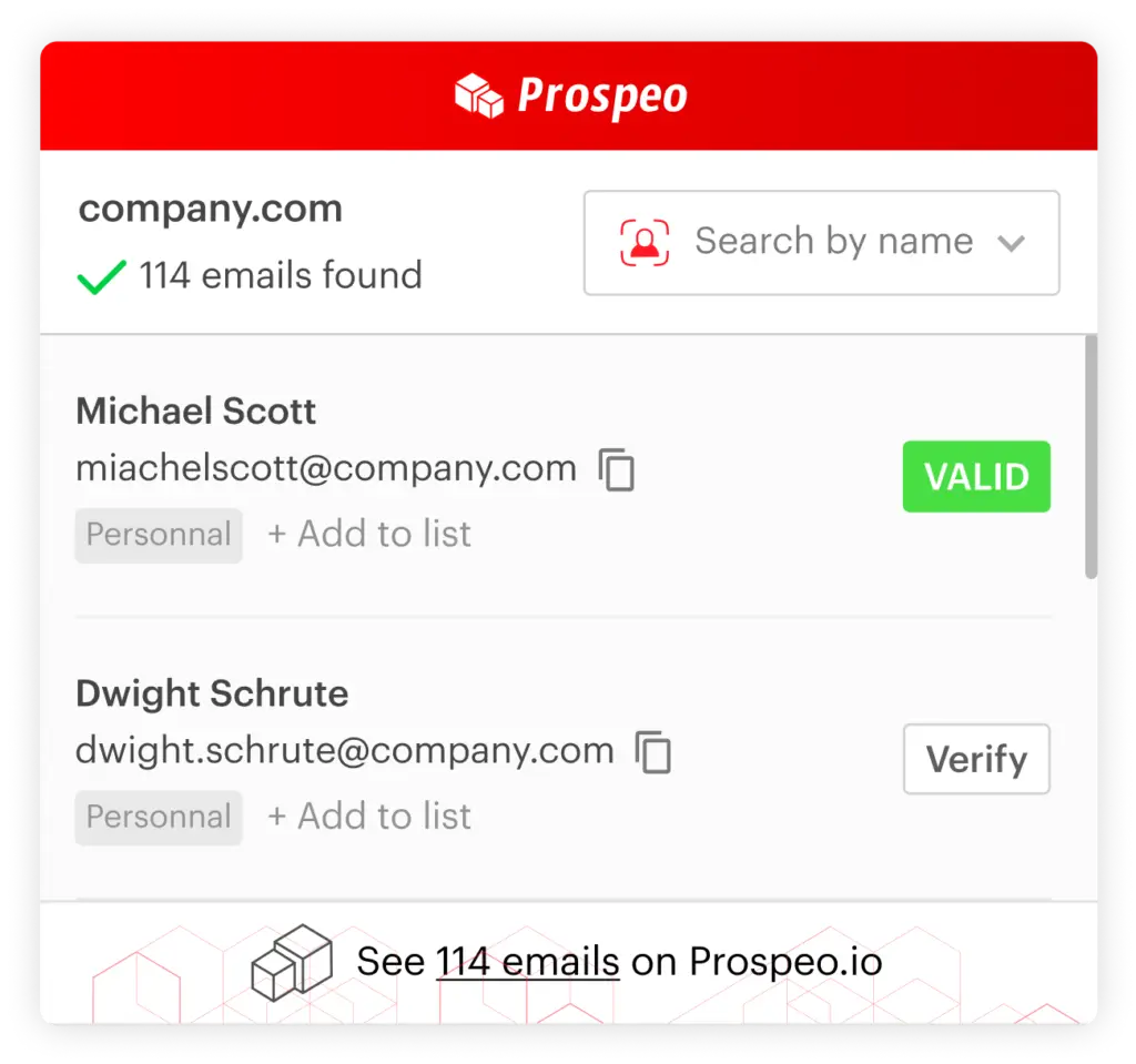 Prospeo email finder showing verified and unverified company email results