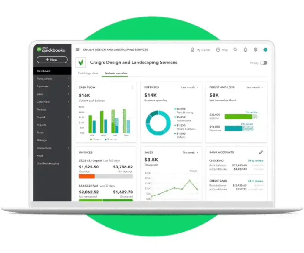 QuickBooks Online dashboard showing cash flow, expenses, invoices, and profit and loss reports
