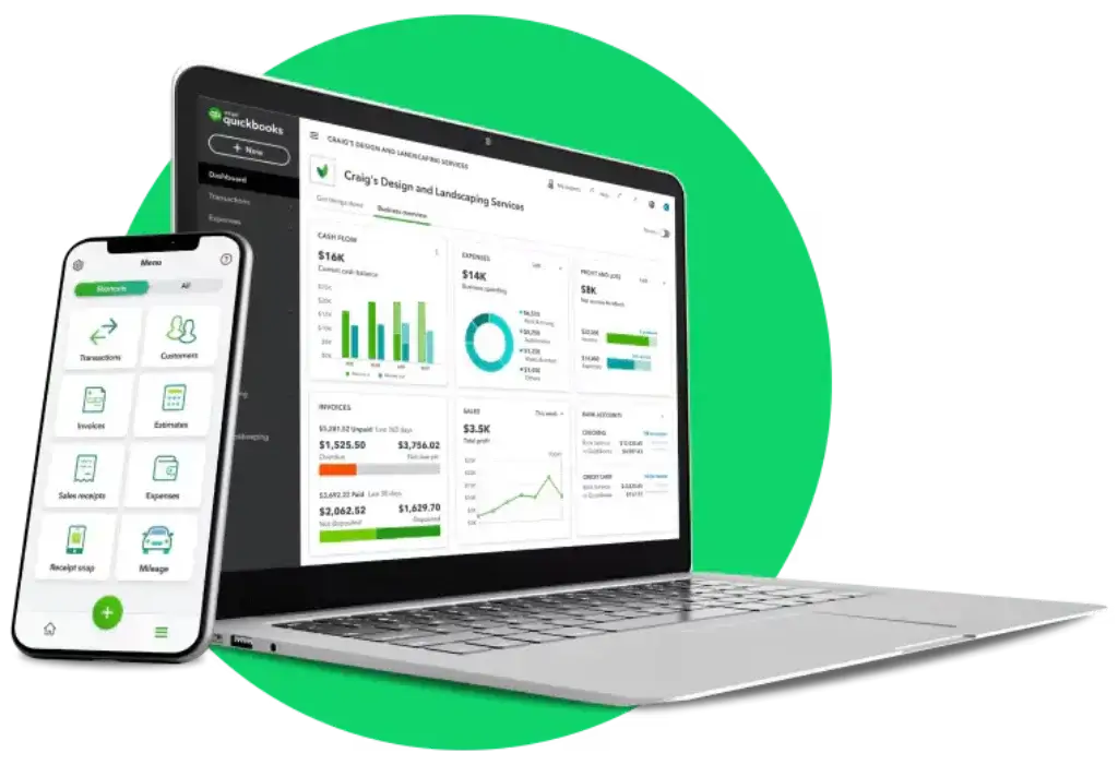QuickBooks desktop and mobile app interface for managing invoices, expenses, transactions, and mileage