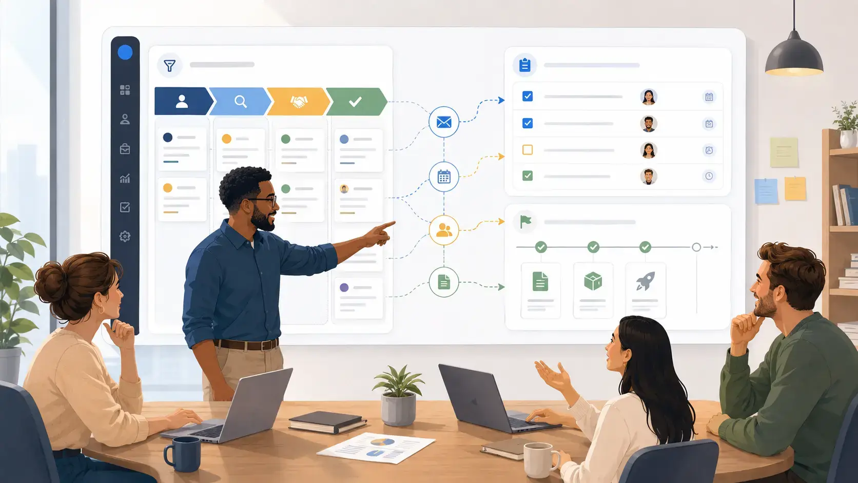 Small team connecting a CRM sales pipeline management with operations tasks and delivery workflows
