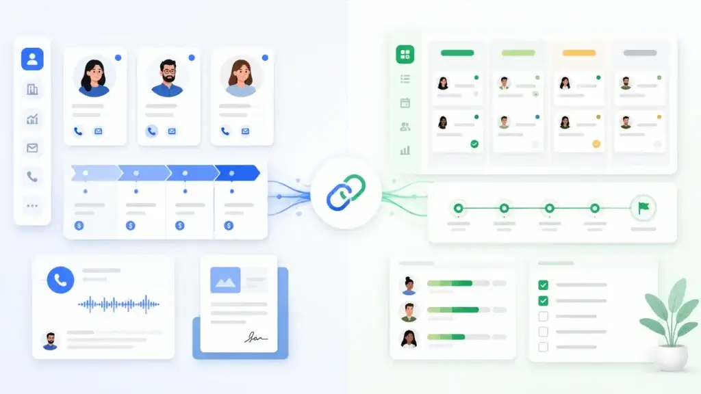 Split-screen view showing CRM activities connected to team operations workflows