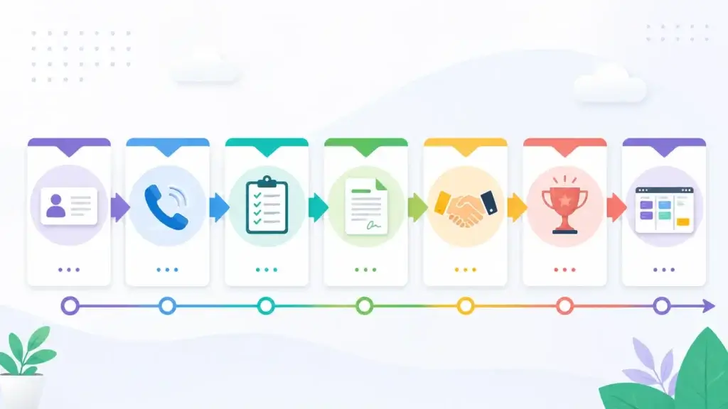 Visual sales pipeline showing leads moving from first contact to closed-won and delivery