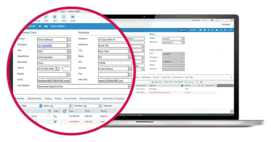 Act CRM contact record with custom fields and activity history