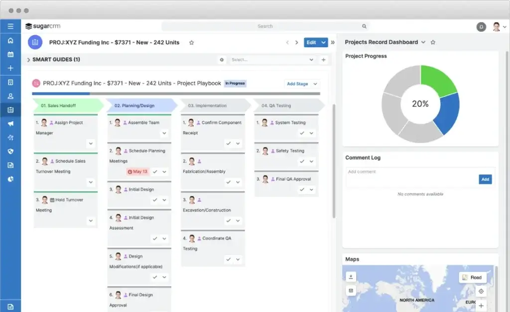 SugarCRM Smart Guides dashboard with project stages and progress tracking