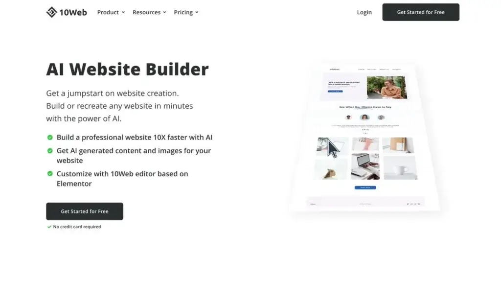 10Web AI Website Builder homepage showing AI-generated content, image creation, and Elementor-based editing