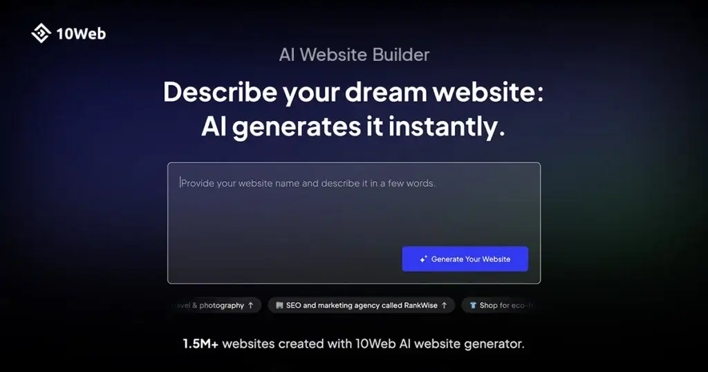 10Web AI Website Builder prompt screen where users describe a business to generate a website instantly
