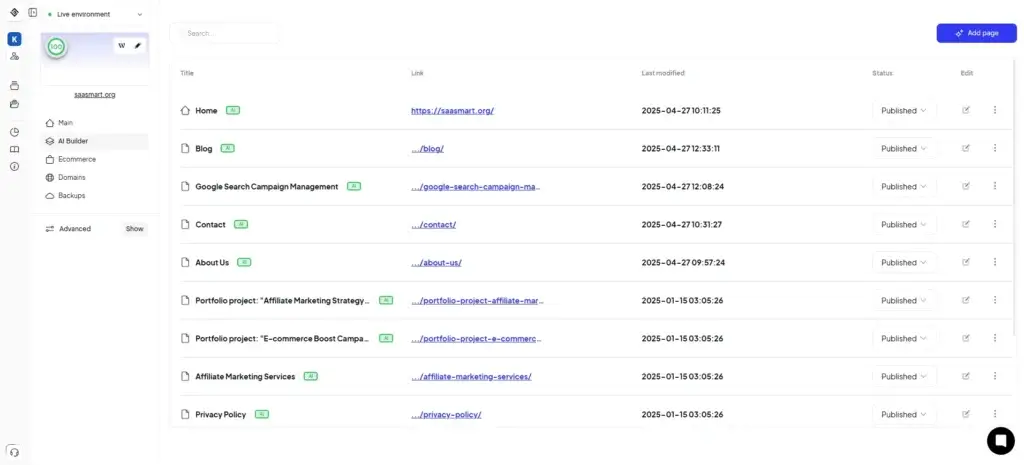 10Web AI Builder dashboard showing generated website pages and site management tools