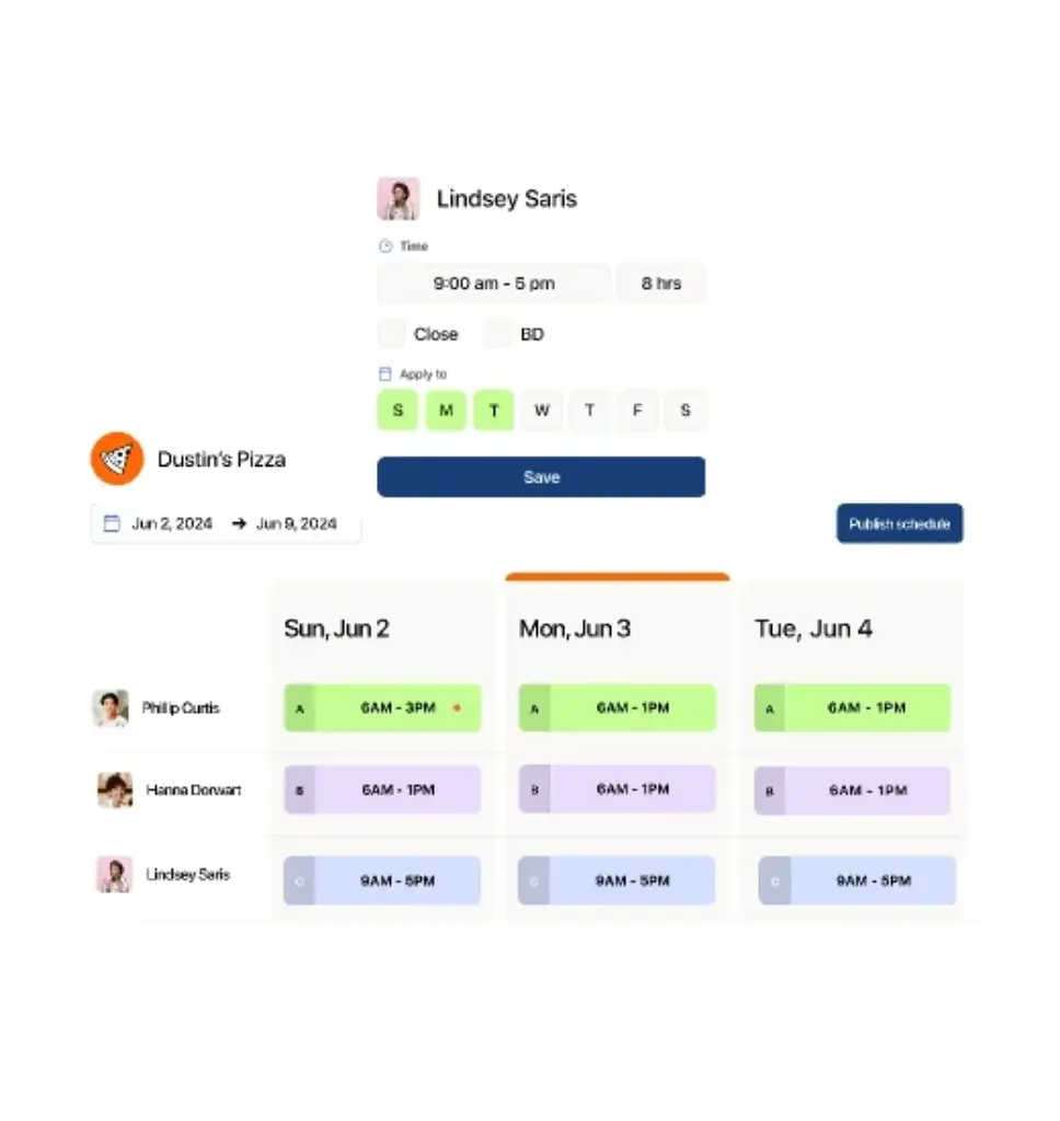7shifts employee scheduling software showing shift setup and weekly restaurant schedule