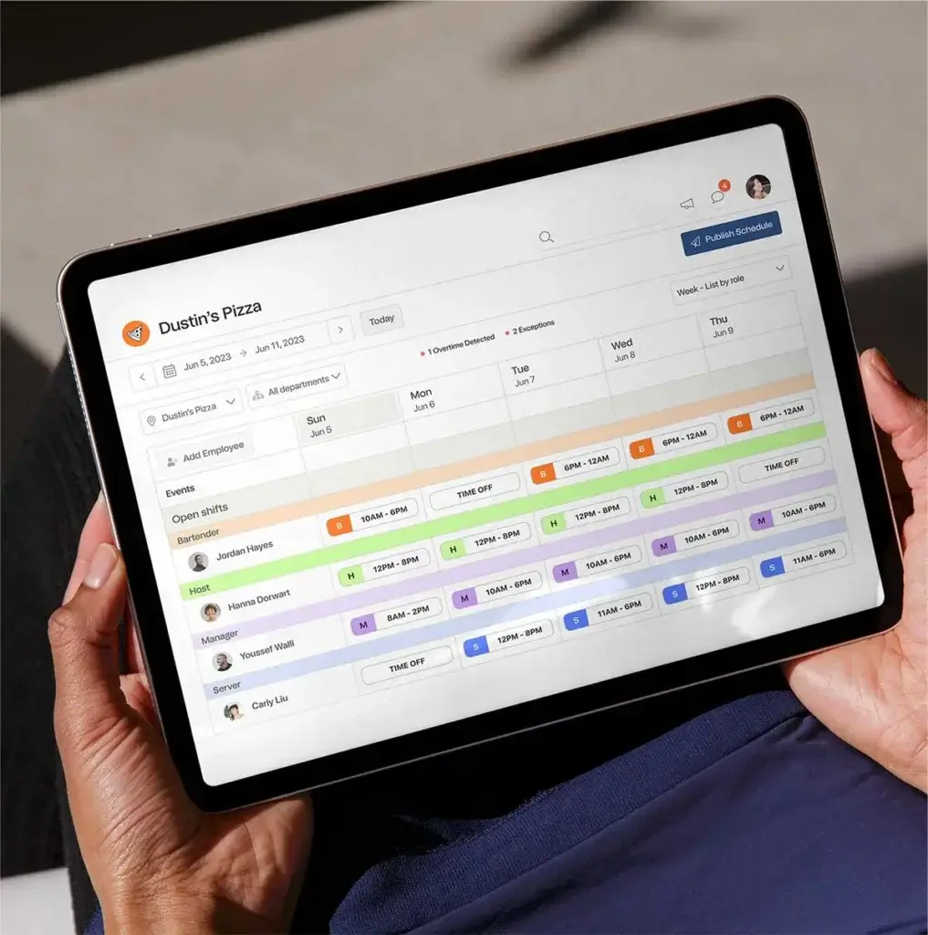 7shifts employee scheduling dashboard showing weekly restaurant staff shifts