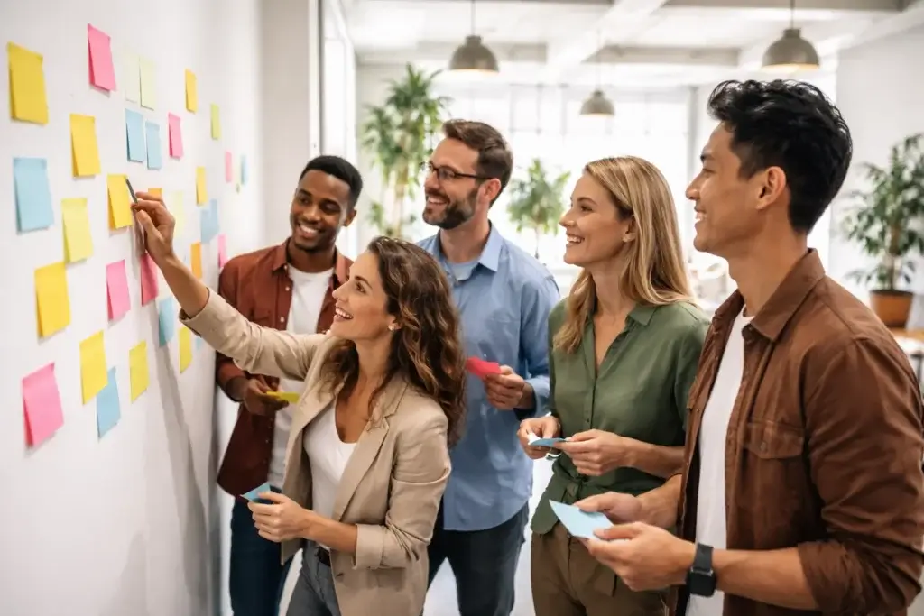 team brainstorming retrospective questions during a project review