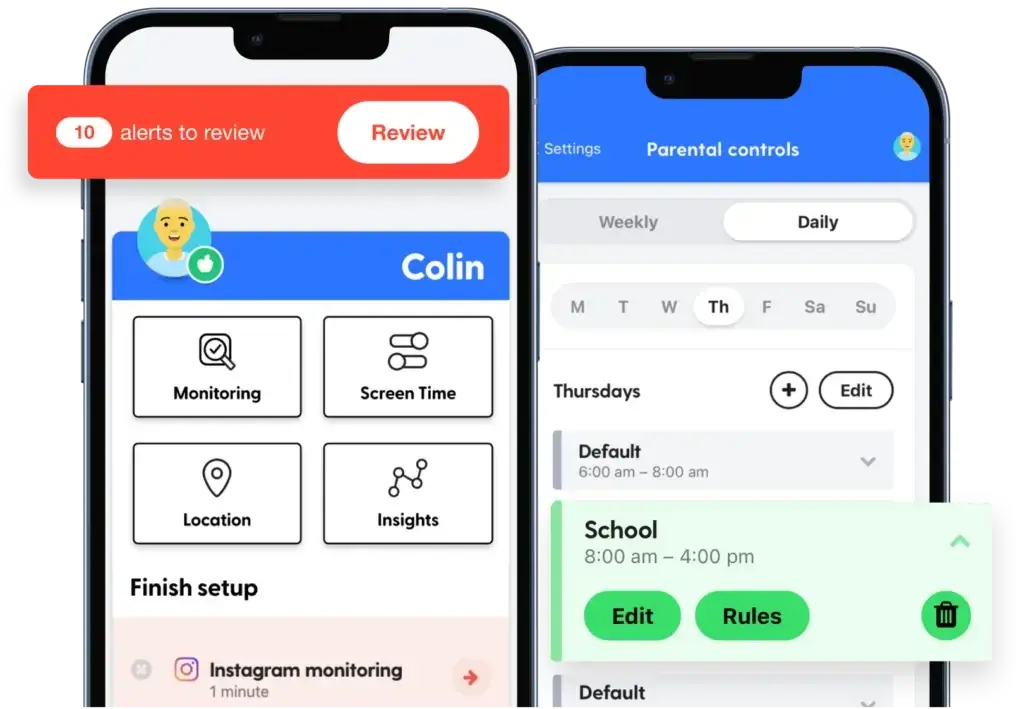 Bark parental control app dashboard showing alerts, monitoring, screen time, and location tools