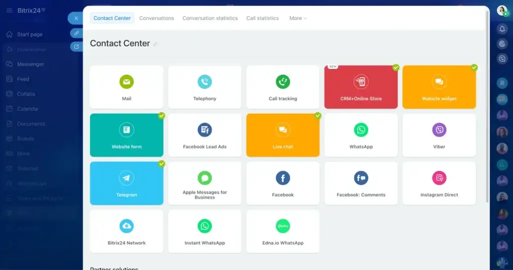 Bitrix24 contact center with email, telephony, website form, live chat, WhatsApp, and social media integrations
