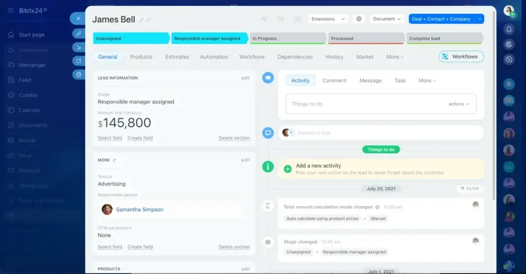 Bitrix24 deal record showing lead details, activity history, workflow tabs, and follow-up planning tools