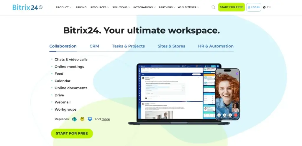 Bitrix24 workspace showing collaboration tools, CRM, tasks, and team communication features