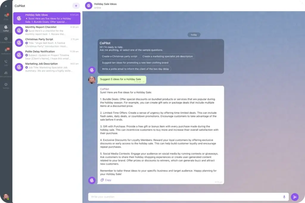 Bitrix24 CoPilot AI assistant generating ideas and content inside the Bitrix24 workspace