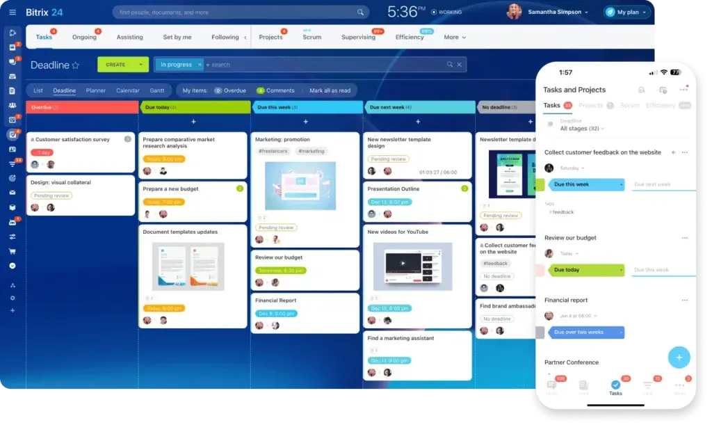 Bitrix24 task management dashboard showing Kanban workflow and mobile task tracking