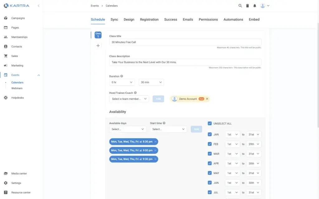 Kartra calendar scheduling interface for booking appointments and managing availability