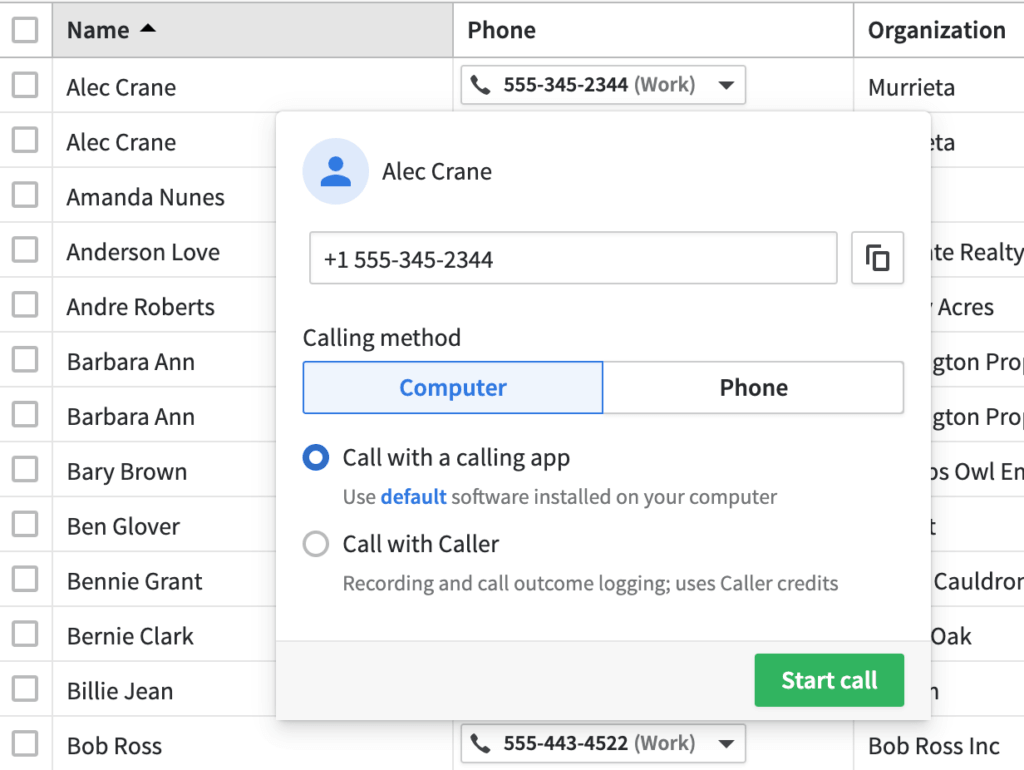 Pipedrive calling options for contacting a lead from the CRM