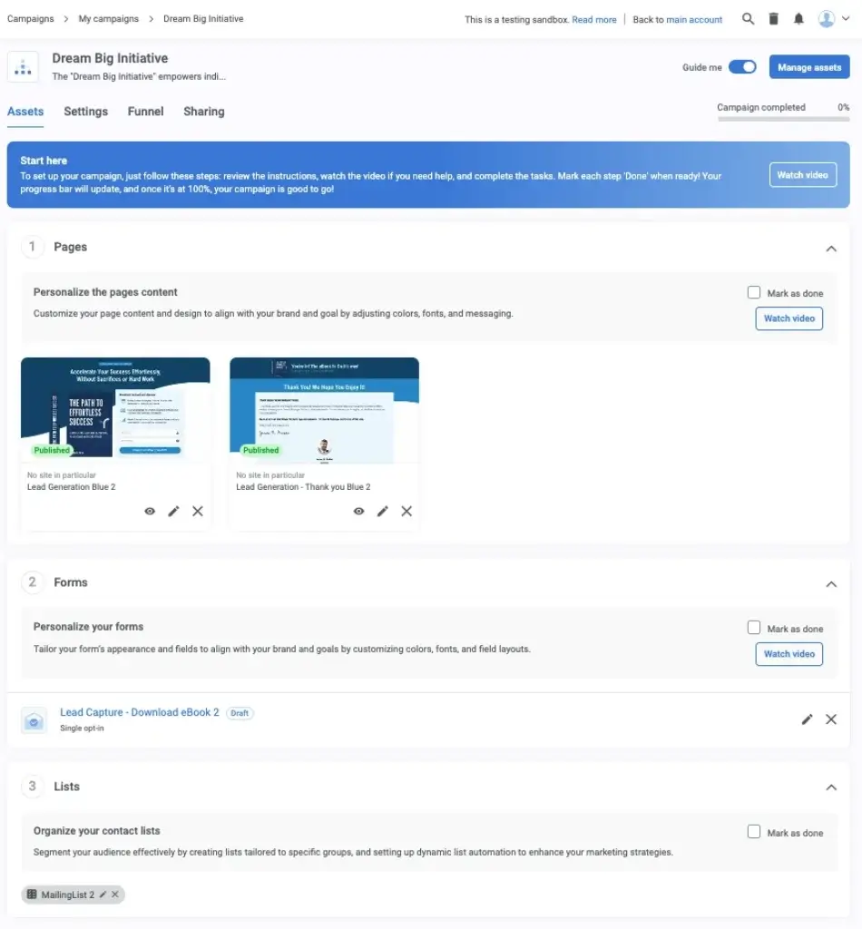 Kartra campaign setup dashboard showing pages forms and lead generation workflow