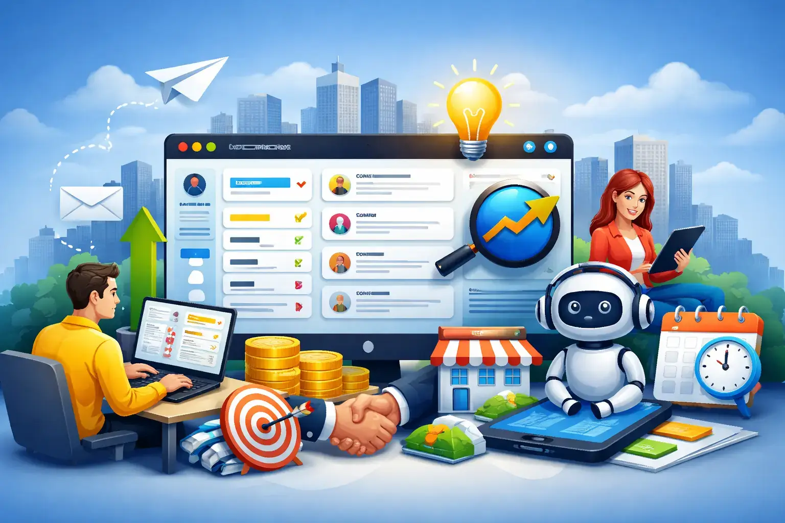 Illustration of a small business CRM workspace with dashboard, automation, chatbot, sales growth, and customer management visuals