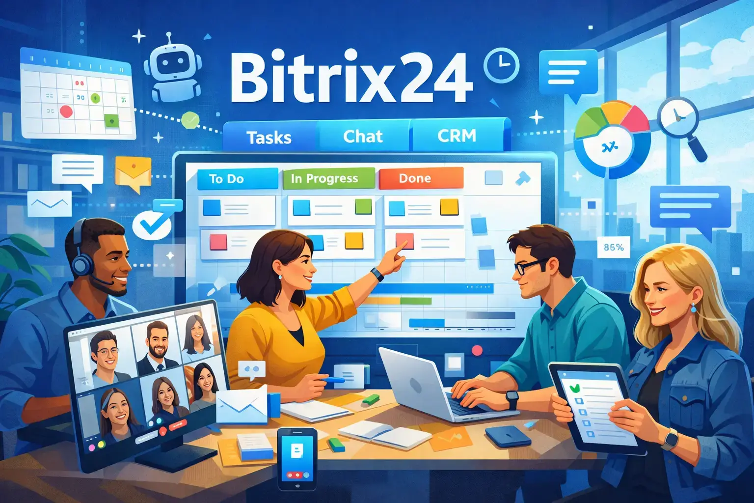 Illustration of a modern team collaborating using Bitrix24 project management tools