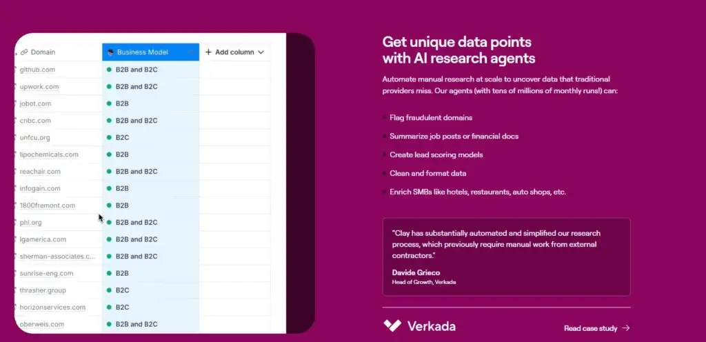 Clay AI research agent interface enriching company data inside a prospecting workflow.